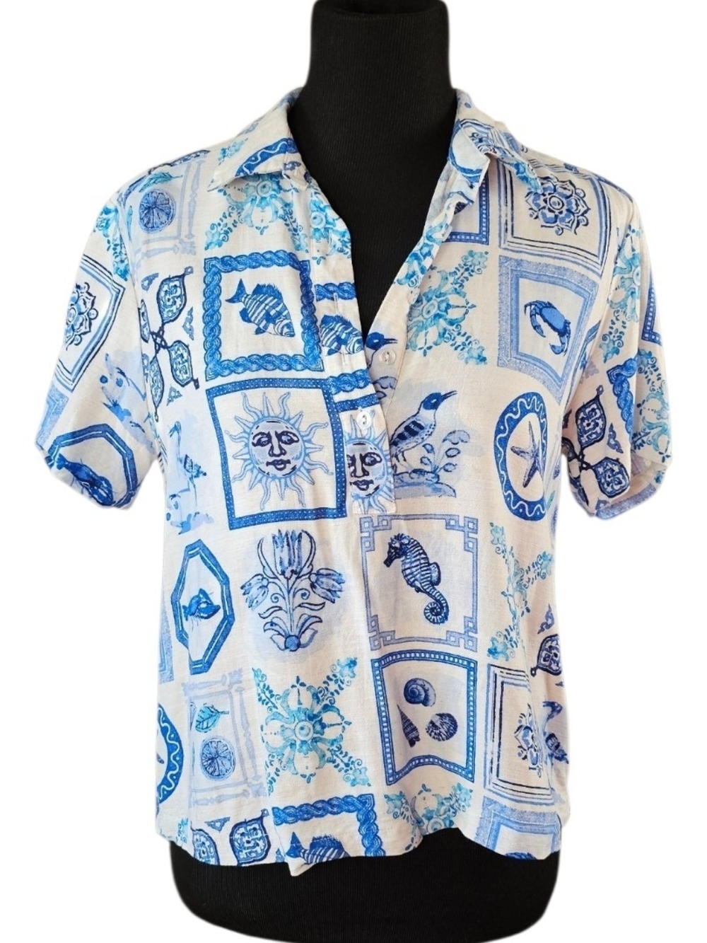 Jane & Delancey Linen Blend Coastal Print Button Front Shirt Blue Medium